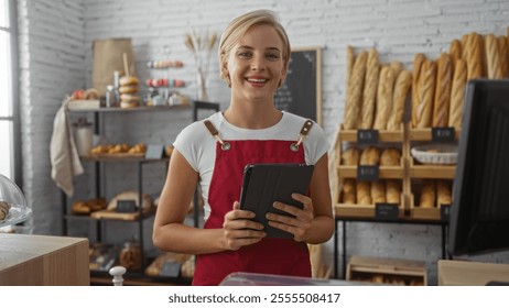 Young woman baker with short blonde hair holding a tablet in a well-lit bakery shop surrounded by bread and pastries - Powered by Shutterstock