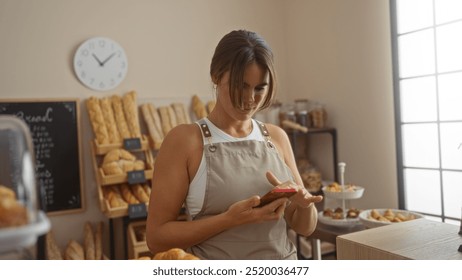 Young woman in a bakery browsing a smartphone surrounded by fresh bread and pastries indoors - Powered by Shutterstock