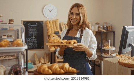 Young woman in a bakery holding a tray of pastries with a welcoming smile, surrounded by bread, pastries, and a chalkboard menu. - Powered by Shutterstock