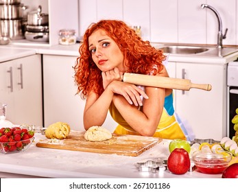 Young Woman  Baking Cookies In Oven. Bad Luck.