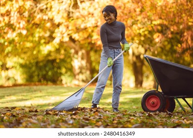 Young Woman With Barrow Raking Leaves In Autumn Garden - Powered by Shutterstock