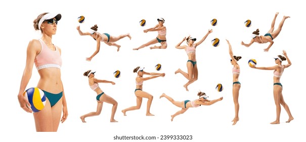 Young woman, beach volleyball player in motion during game, playing isolated over white background. Collage. Concept of sport, competition, tournament, championship, dynamics - Powered by Shutterstock