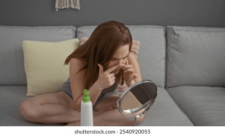 Young woman with beautiful red hair examining her face in the living room with a mirror at home - Powered by Shutterstock