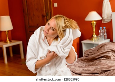 Young Woman Bed Room Drying Hair Towel Bathrobe Morning