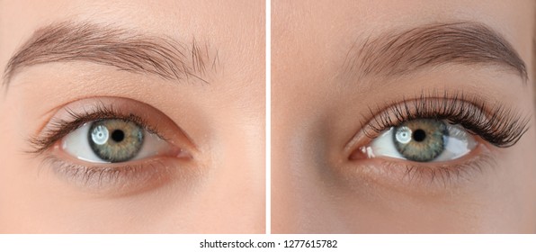 Young woman before and after eyelash extension procedure, closeup
