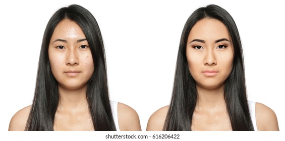 Young Woman Before And After Makeup Application On White Background