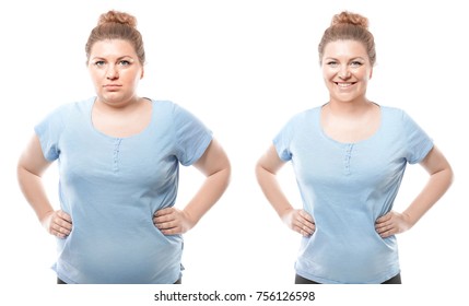 Young woman before and after weight loss on white background. Health care and diet concept