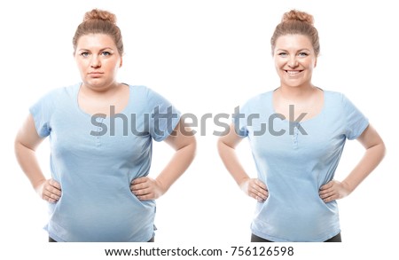 Young woman before and after weight loss on white background. Health care and diet concept
