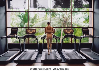 Young woman in beige activewear walks on treadmill in modern gym, engaging with digital interface, combining mindful cardio training and personalized smart fitness experience.
