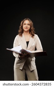 Young woman in beige suit holding an open file folder, standing confidently against a dark background. Studio lighting, professional pose, formal attire