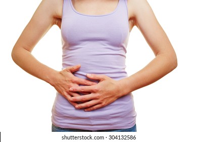 Young Woman With Bellyache Putting Hands On Her Stomach