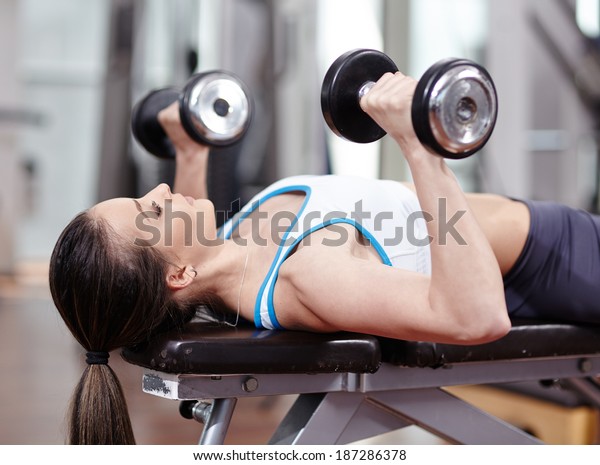 Young Woman Bench Pressing Dumbbells Gym Stock Photo Edit Now