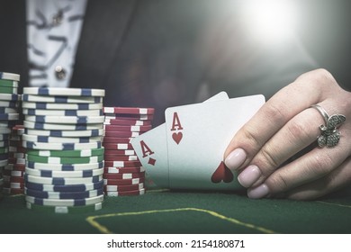 Young Woman Bets In The Casino Having A Winning Combination. Gambling