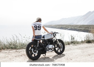 Young Woman Biker Custom Cafe Racer Stock Photo Edit Now 708575908