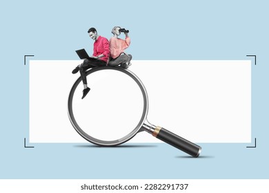 A young woman with a binoculars and man with a laptop is sitting on a big magnifying glass. Art collage. Team ist Searching for information on the internet concept.
