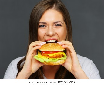 Young Woman Biting Big Burger Isolated Stock Photo 1027935319 