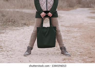 Young Woman With Black Cotton Bag. Mock Up For Design.