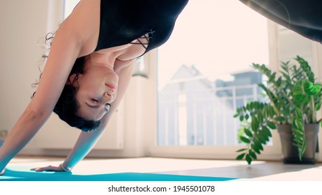 Young Woman With Black Hair In Leggins Doing Yoga Excersices Looking Down Dog At Home In Loft Studio Available Sun Light