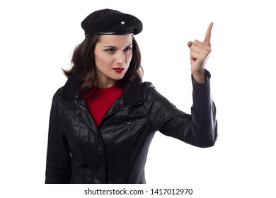 Young woman black jacket, red sweater and hat with a reference to revolutionary one hand raised with index finger on a white background