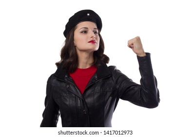 Young woman black jacket, red sweater and hat with a reference to revolutionary one hand raised with fist on a white background