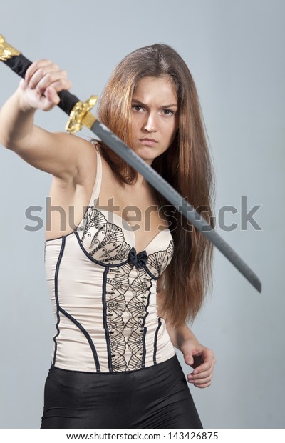 Young Woman Black Leggings Sword Fighting Stock Photo 143426875 ...