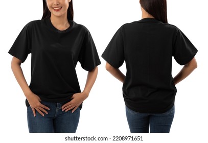 Young woman in black oversize T shirt mockup isolated on white background with clipping path. - Shutterstock ID 2208971651