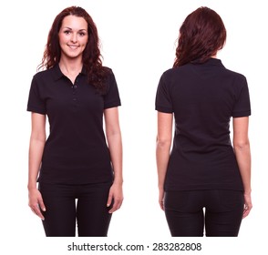 Young Woman In Black Polo Shirt On White Background