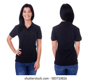 Young Woman In Black Polo Shirt On White Background