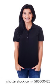 Young Woman In Black Polo Shirt On A White Background