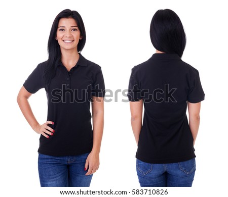 Young woman in black polo shirt on white background