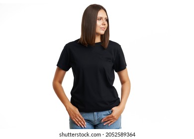 Young Woman In Black Shirt Isolated