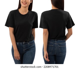 Young woman in black T shirt mockup isolated on white background with clipping path.