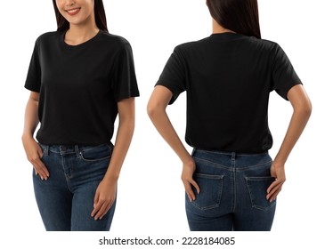 Young woman in black T shirt mockup isolated on white background with clipping path.