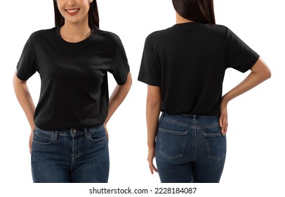 Young woman in black T shirt mockup isolated on white background with clipping path.