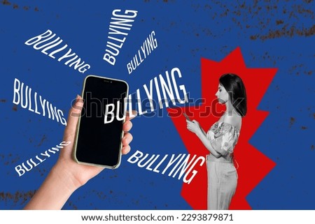 Young woman blogger suffer internet bullying blogger influencer read negative comments threatens blue poster background