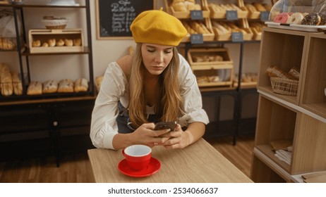 Young woman with blonde hair and yellow beret using smartphone in a cozy bakery with various breads and pastries displayed - Powered by Shutterstock