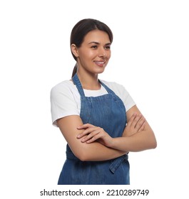 Young Woman In Blue Apron On White Background