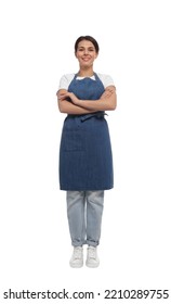 Young Woman In Blue Apron On White Background