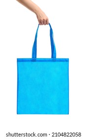 Young Woman With Blue Eco Bag On White Background