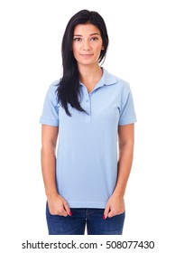 Young Woman In Blue Polo Shirt On A White Background