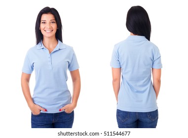 Young woman in blue polo shirt on white background
