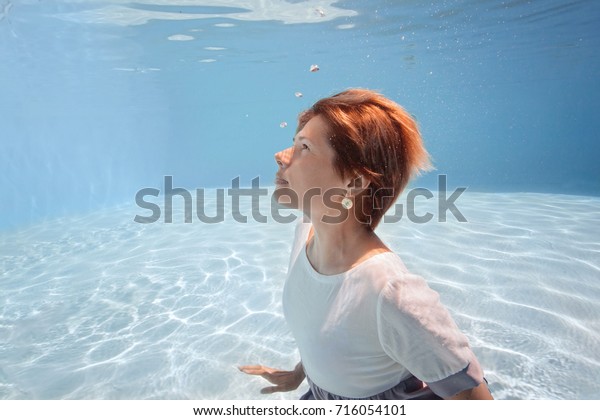 Young Woman Blue White Dress Swim Stock Photo (Edit Now) 716054101