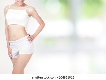 Young Woman Body With Nature Green Background, Model Is A Asian Beauty