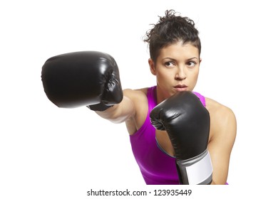 Young Woman Boxing Gloves Throwing Punch Stock Photo 123935449 ...