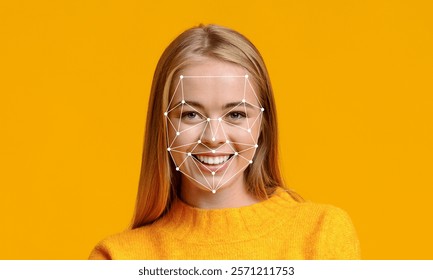 A young woman in a bright orange sweater smiles while facing the camera. Over her face, a digital overlay illustrates facial recognition features, showcasing modern technology.