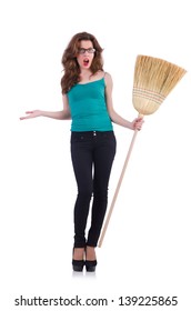 Young woman with broom isolated on white