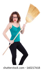 Young woman with broom on white
