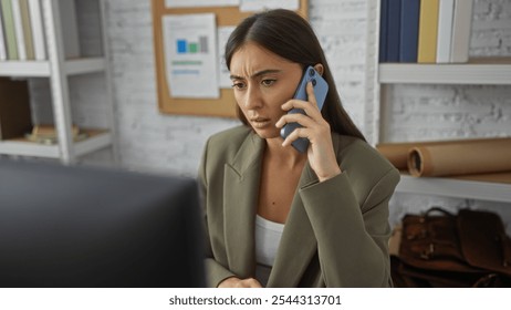 Young woman with brunette hair talking on a smartphone in an office workspace, appearing focused and engaged with bookshelves and a bulletin board in the background. - Powered by Shutterstock