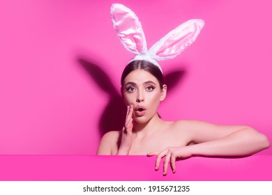Young woman with bunny ears. Thinking surprised. Funny emotions, excited expressing