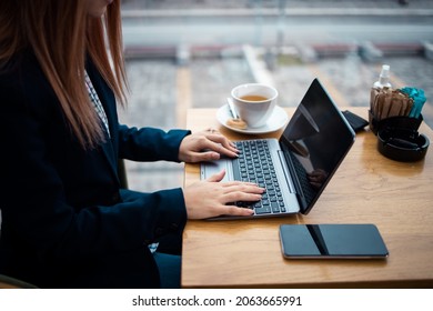 Young Woman At Caffe Break.Work From Home.